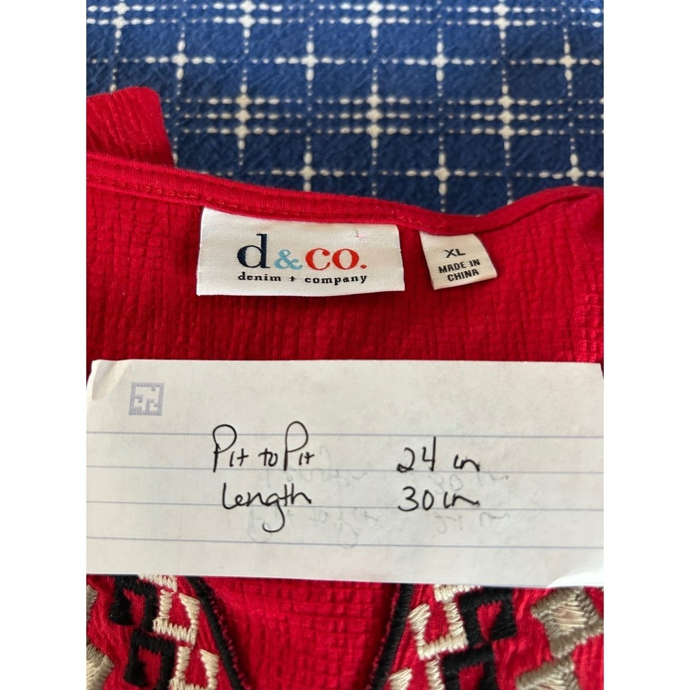 Denim & Co Womens XL Red Embroidered Split Neck 3/4 Sleeve Gauze Tunic Top - Picture 4 of 7